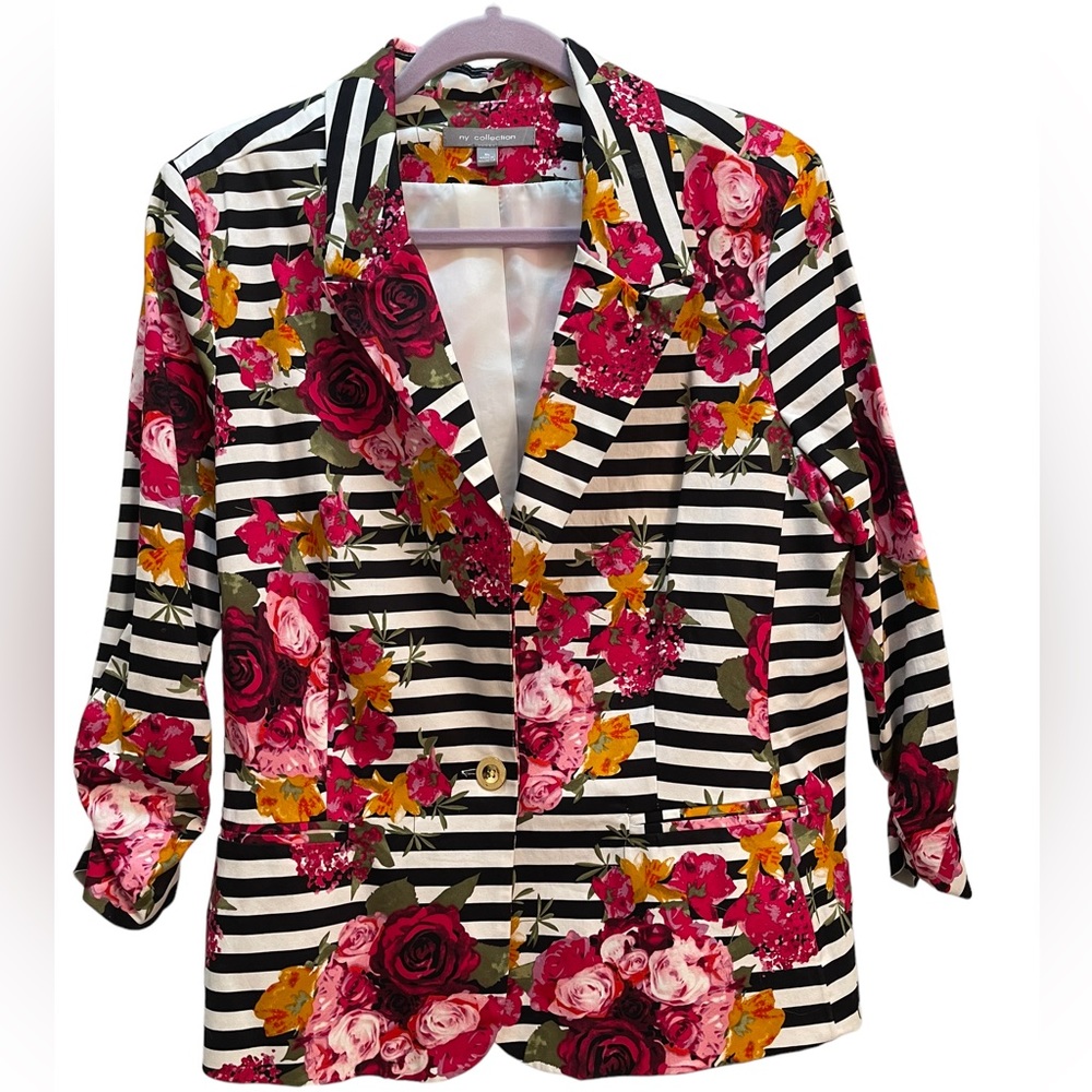 NY Collection Floral Striped Button Blazer Ruched 3/4 Sleeves size XL